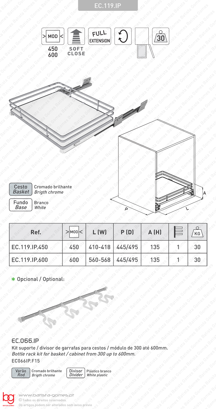 Prateleira (Gaveta) multiusos para aplica��o porta lateral - Extrac��o total com Soft-close - M�d. 450 / 600 - Cromado